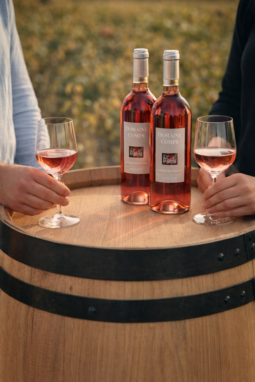 Deux personnes dégustant le vin rosé du Domaine Comps