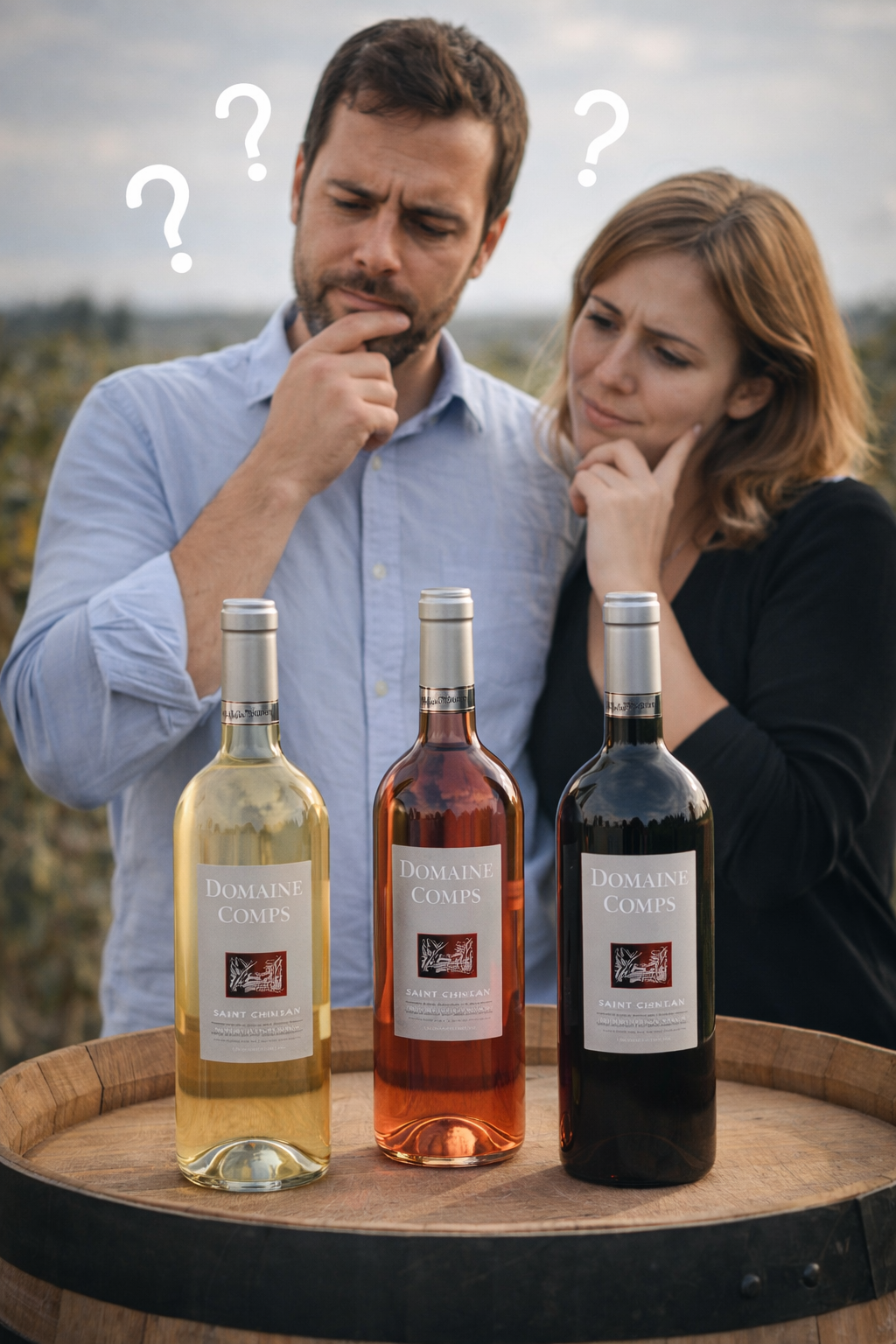 Couple se demandant comment choisir parmi le vin rouge, rosé et blanc du Domaine Comps
