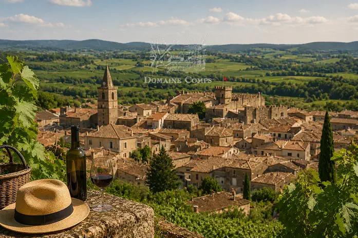 vue du village de Puisserguier avant une visite du domaine Comps